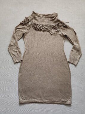 Calvin Klein Fringe Mock Neck Sweater Dress Taupe Beige Size L Knit Mini Boho